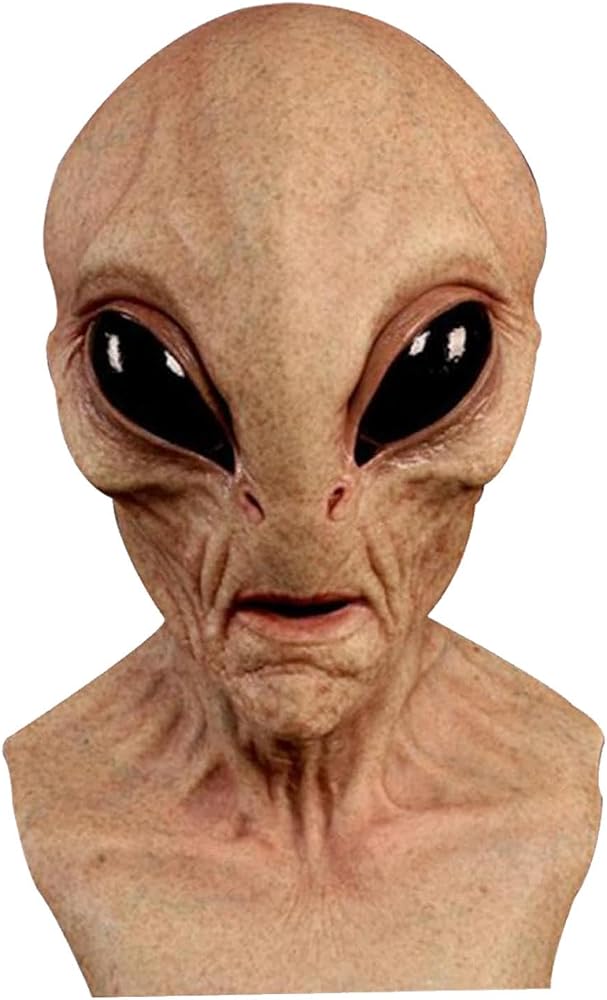 Tan Alien Halloween Mask with Black Eyes & Neck Coverage