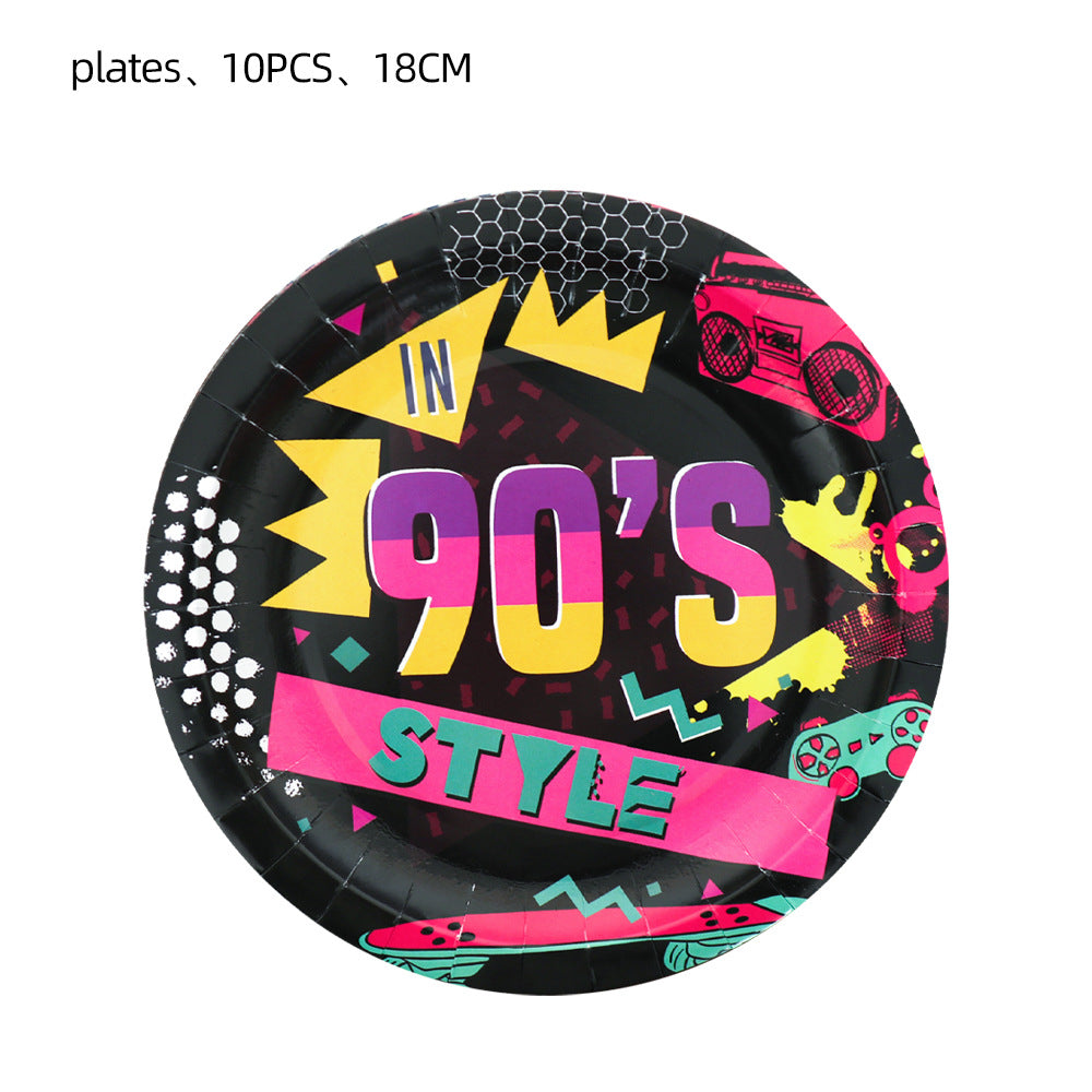 90s Hip Hop Party Disposable Tableware Plates Cups Birthday Table Cover for Disco Theme Supplies - Preppy Kids (Grand Bazaar)