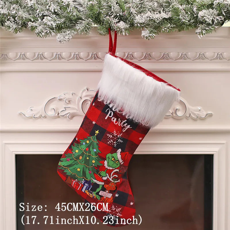 1PC Grinch Christmas Stockings 18" Big Xmas Stockings for Stairs Fireplace Hanging Xmas Home Decoration Christmas Tree Decor