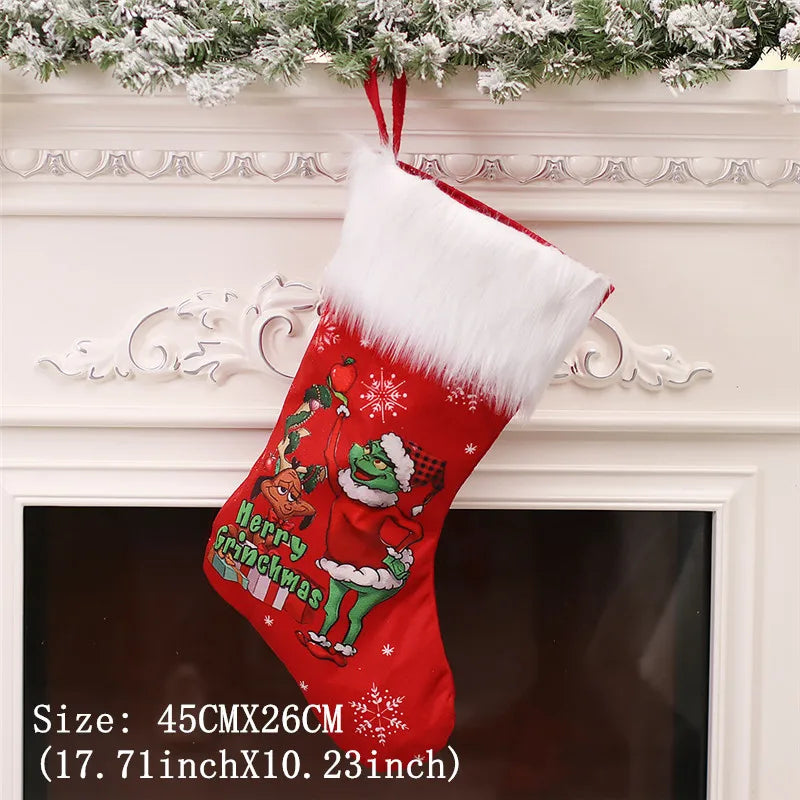 1PC Grinch Christmas Stockings 18" Big Xmas Stockings for Stairs Fireplace Hanging Xmas Home Decoration Christmas Tree Decor