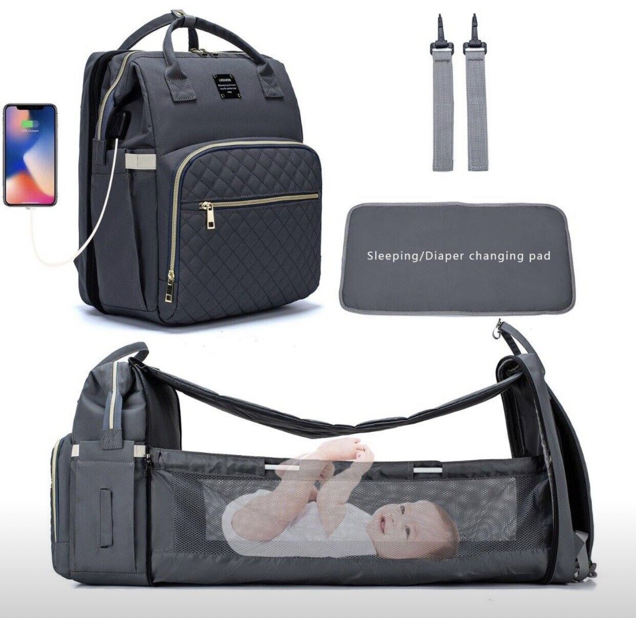 LeQueen Grey Baby Crib Foldable Ex-tractable baby bed bag travel bassinet (waterproof) - Preppy Kids (Grand Bazaar)