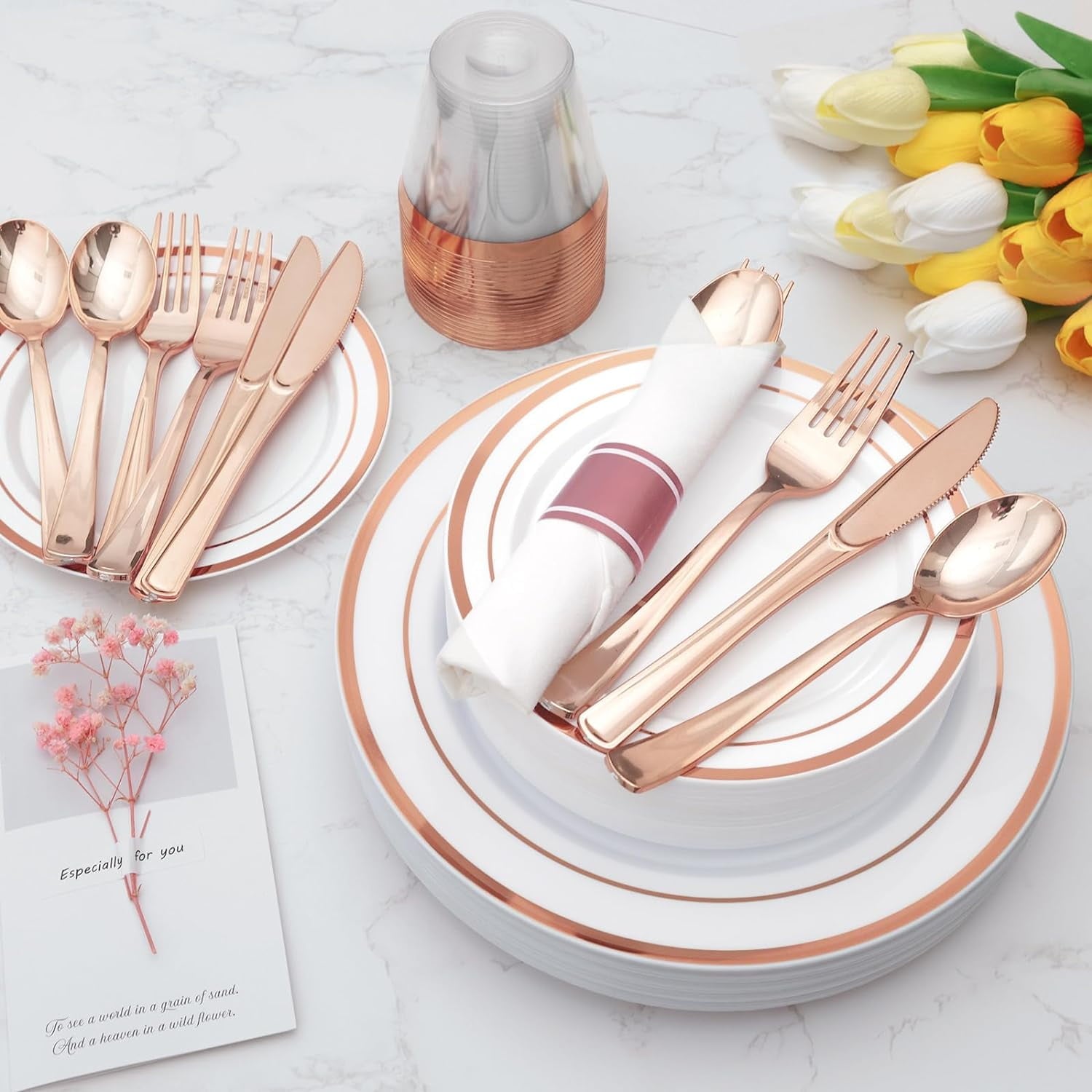 Rose Gold Plastic Dinnerware Set for 25 Guests (175 pcs) Tableware