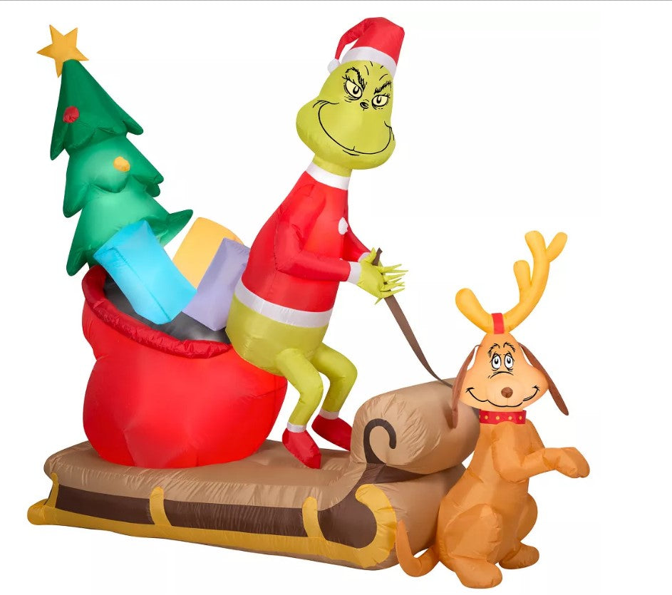 Grinch Christmas Airblown Inflatable and Max w/Sleigh Scene Dr. Seuss , 5.5 ft Tall, Red