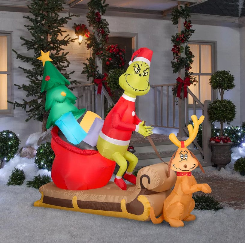 Grinch Christmas Airblown Inflatable and Max w/Sleigh Scene Dr. Seuss , 5.5 ft Tall, Red - Preppy Kids (Grand Bazaar)