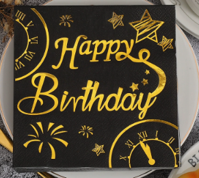 Black & Gold Patterned Happy Birthday Napkins