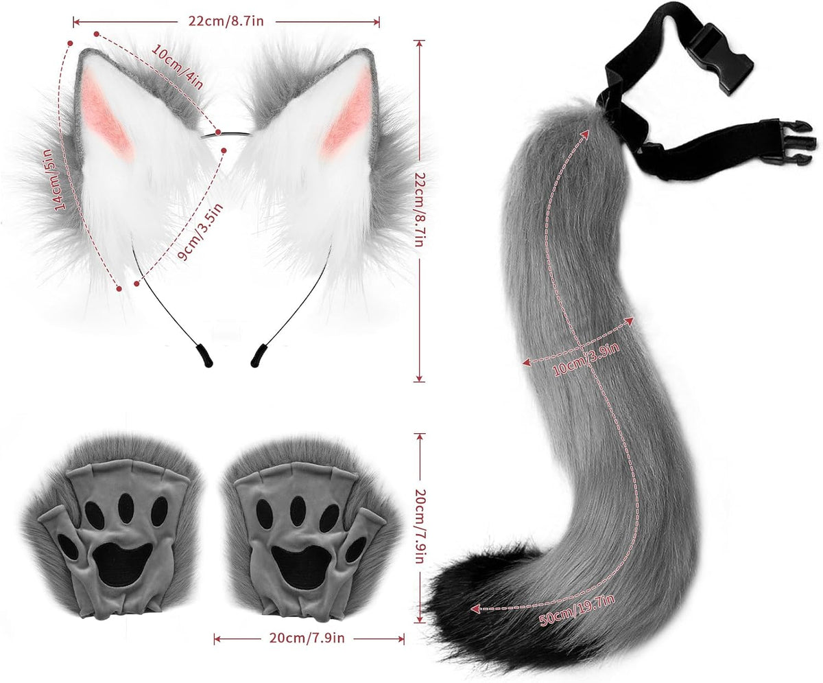 Grey FAUX FUR WOLF EARS HEADBAND AND TAIL SET
