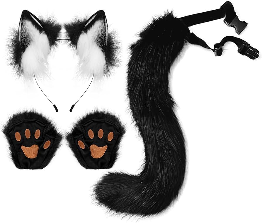 Black White FAUX FUR WOLF EARS HEADBAND AND TAIL SET