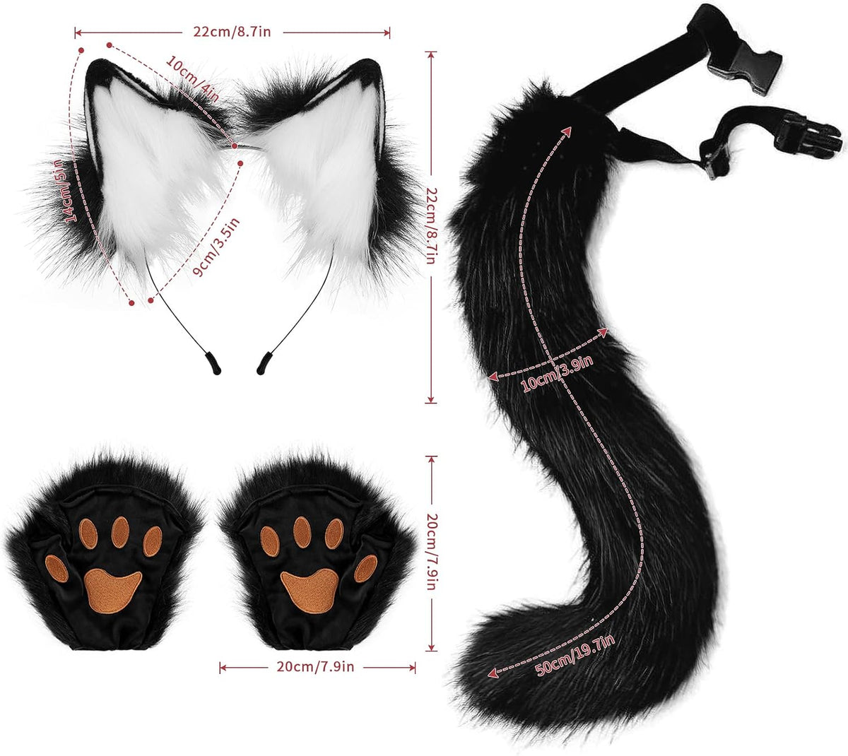 Black White FAUX FUR WOLF EARS HEADBAND AND TAIL SET