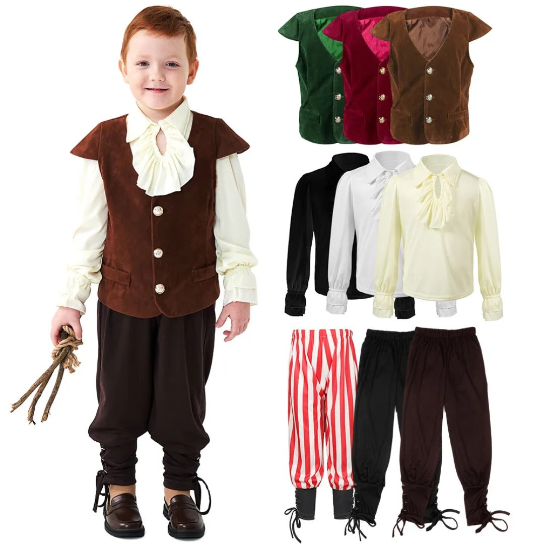 Boys Medieval Renaissance Costume Pirate Shirts Vest Knight Outfit Victorian Squire Halloween Cosplay