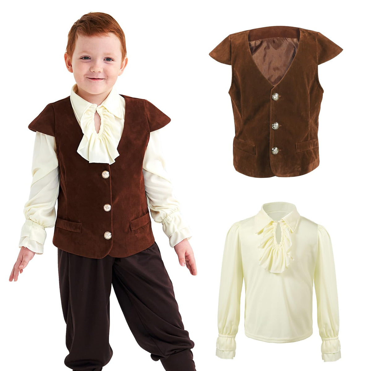 Boys Medieval Renaissance Costume Pirate Shirts Vest Knight Outfit Victorian Squire Halloween Cosplay