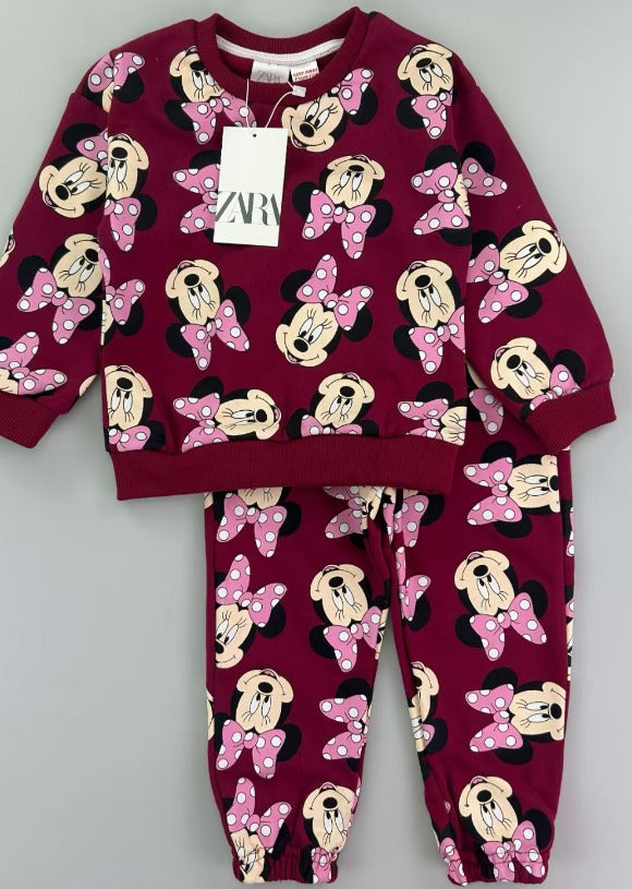 Zara Minnie Mouse Polka dot burgundy 2pc track suit set