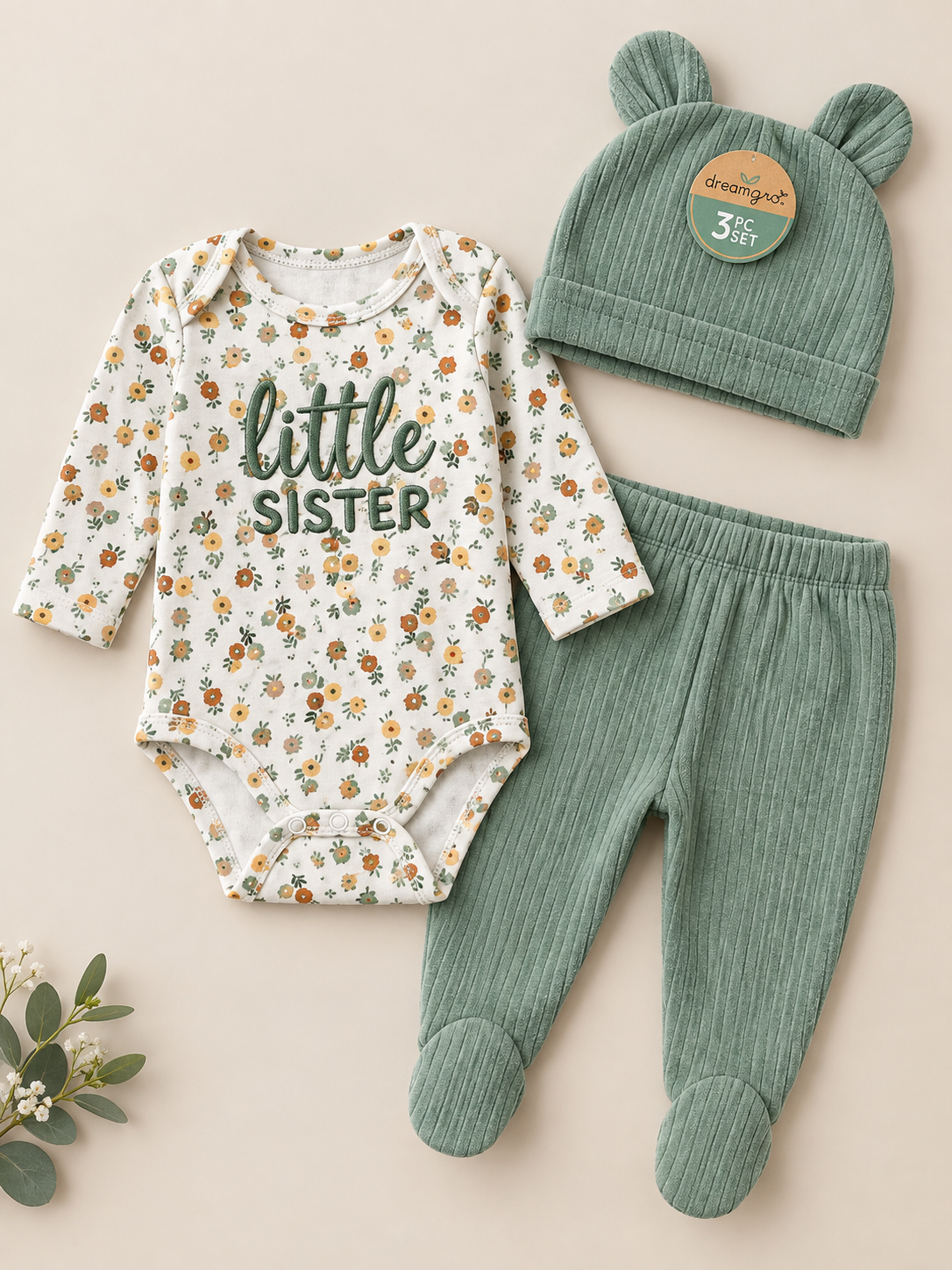 Dream gro Little Sister Green Footed Pant, Bodysuit & Hat 3pc set