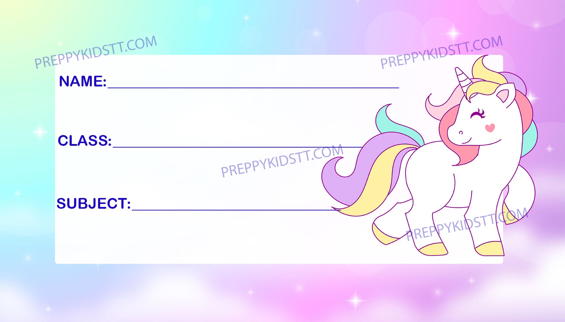 Unicorn Style 1 Subject School Label Class