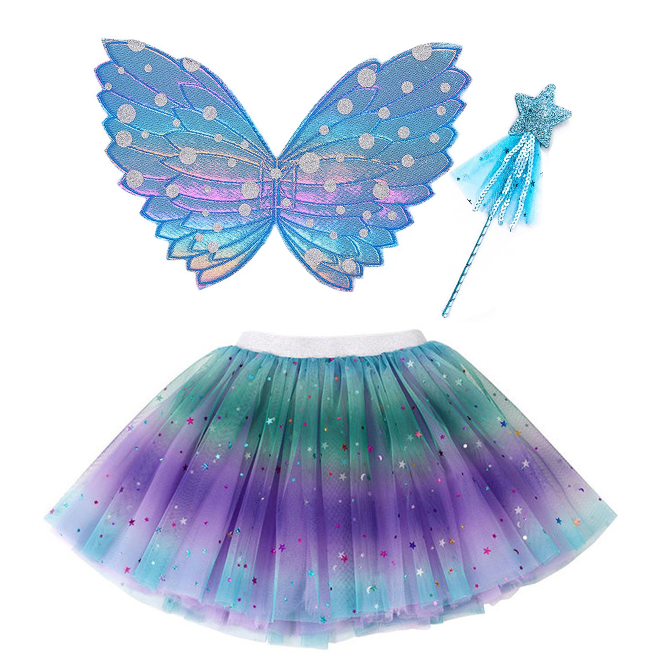 Purple Blue Gradient Wings Butterfly Magic Wand Set Tutu Skirt Girls Costume - Preppy Kids (Grand Bazaar)