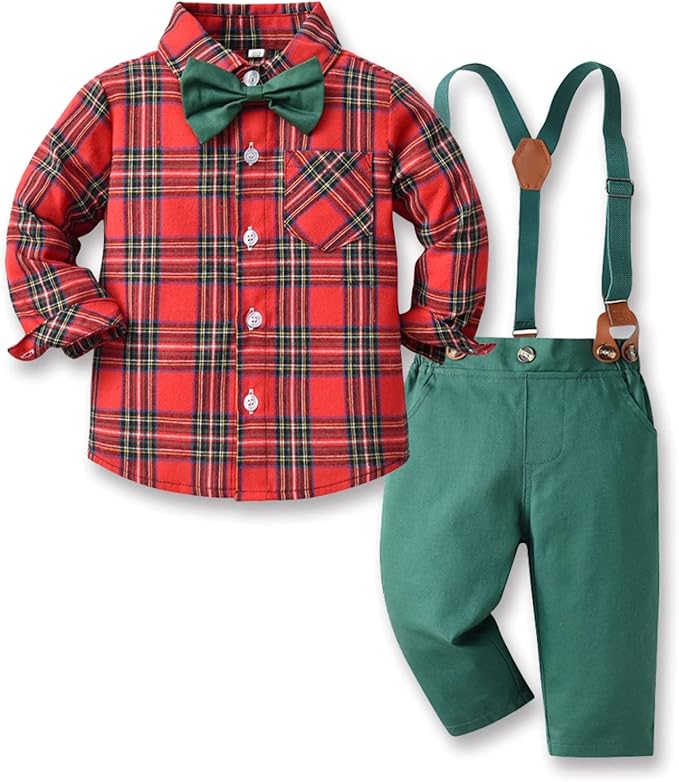 Christmas green pants Gentleman Toddler outfit with bow tie suspender overall pants - Preppy Kids (Grand Bazaar)
