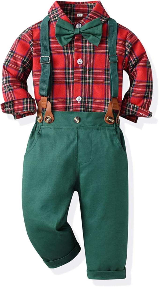 Christmas green pants Gentleman Toddler outfit with bow tie suspender overall pants - Preppy Kids (Grand Bazaar)