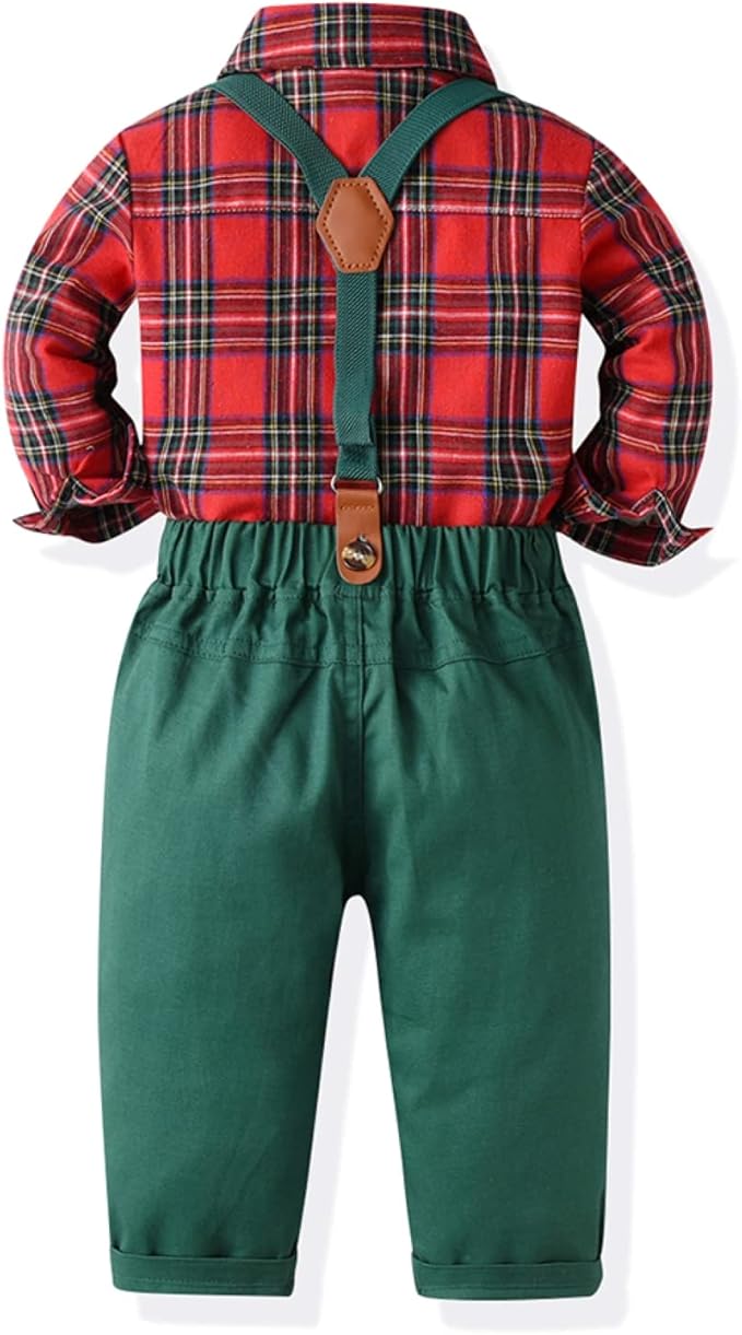 Christmas green pants Gentleman Toddler outfit with bow tie suspender overall pants - Preppy Kids (Grand Bazaar)