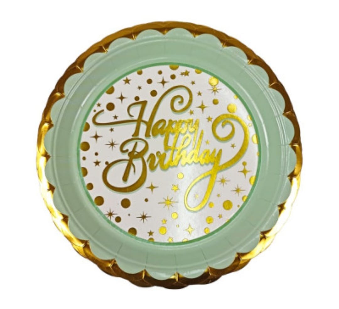 Green And Gold Happy Birthday Plates - Preppy Kids (Grand Bazaar)