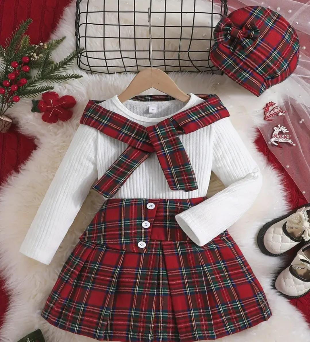 Christmas White Sweater&Plaid Skirt 4Pc Girls Outfit - Preppy Kids (Grand Bazaar)