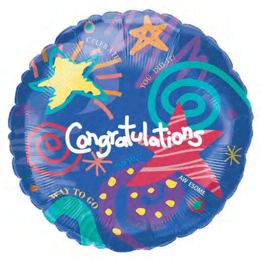 Blue Congrats 18 Inch Round Foil Balloon With Stars - Preppy Kids (Grand Bazaar)