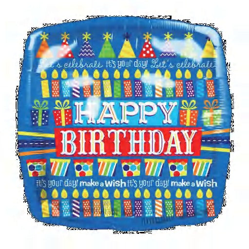 Square Blue Happy Birthday Foil Balloon 18 inch - Preppy Kids (Grand Bazaar)