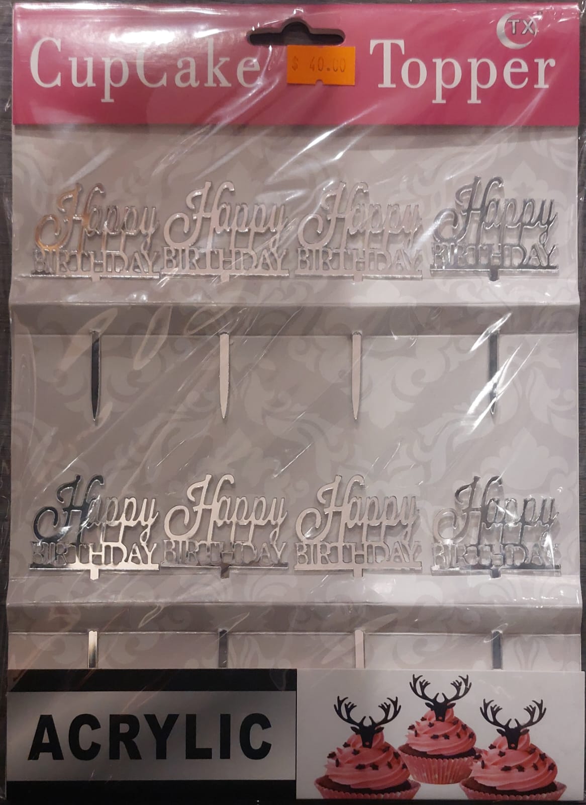 Silver Happy Birthday 8pc Cupcake Topper - Preppy Kids (Grand Bazaar)