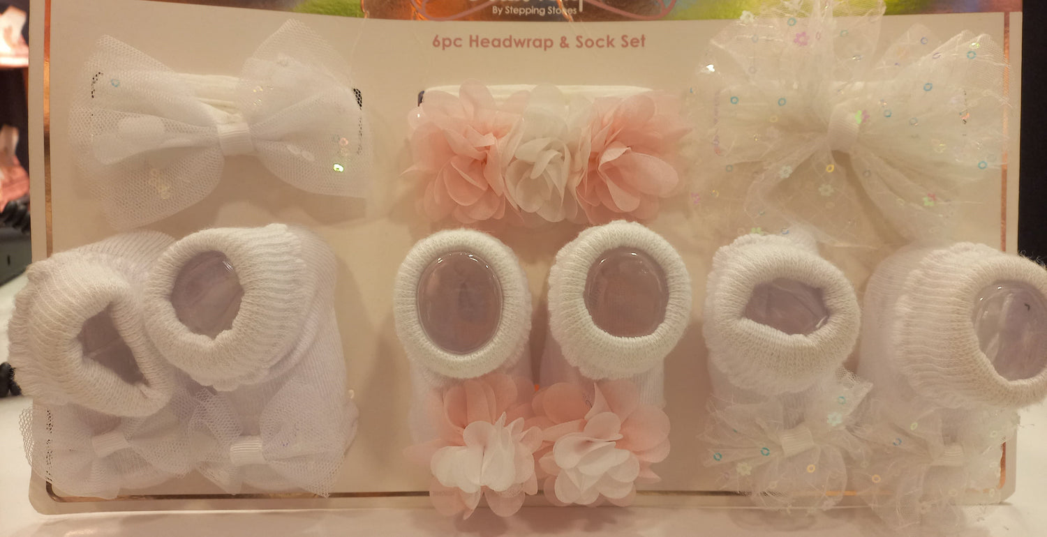 White and Pink Baby Socks and Headband(6PC) - Preppy Kids (Grand Bazaar)