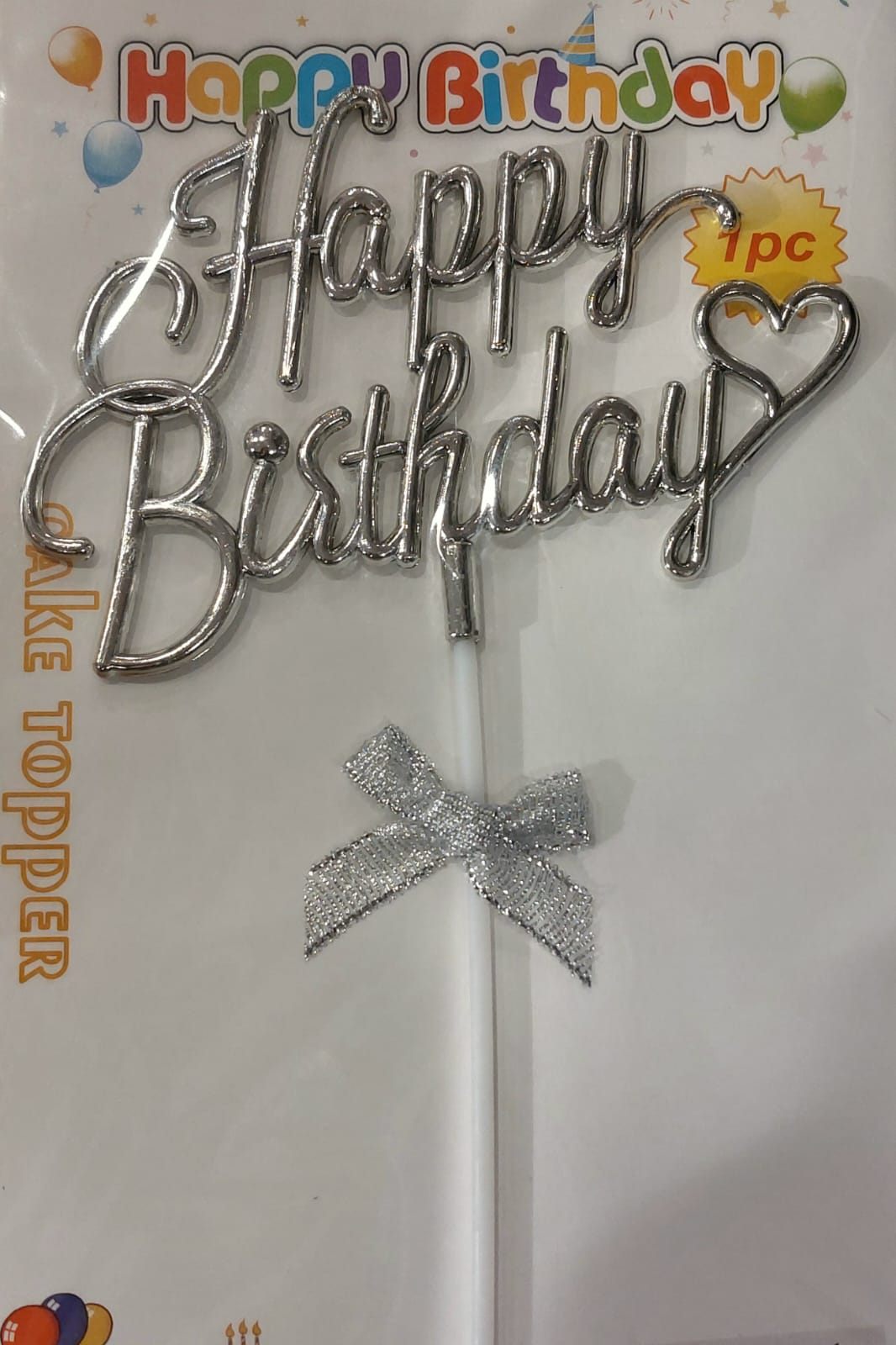 Happy Birthday Silver heart writing cake topper