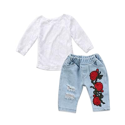 Girls 2PC Lace Top And Jeans Outfit roses flowers