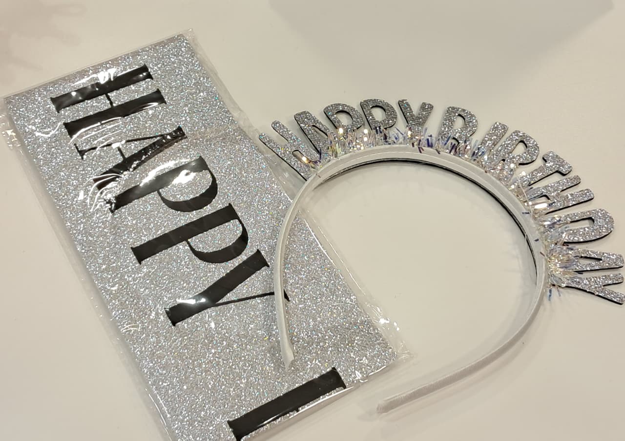 Silver Glitter Happy Birthday Headband & Sash Set