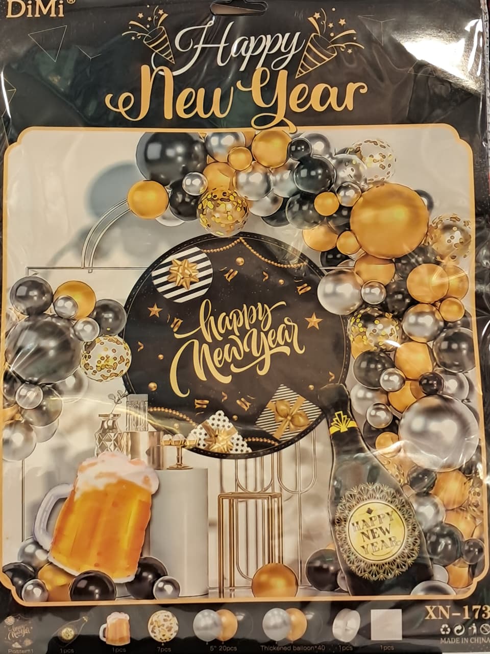 Black, Gold & Silver Happy New Year Balloon Arch Kit