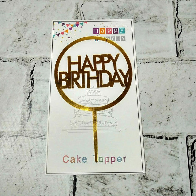 Simple Circular Gold Happy Birthday Cake Topper