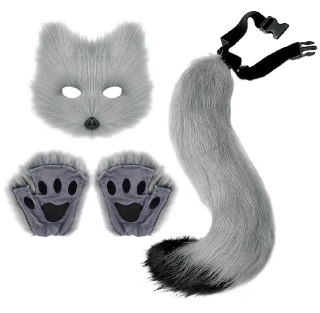 Grey Cat Face Mask, Tail and Paws Cosplay Set