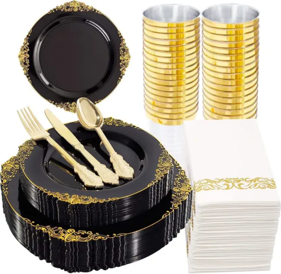 Black & Gold Plastic Dinnerware Set for 25 Guests (175 pcs) Tableware
