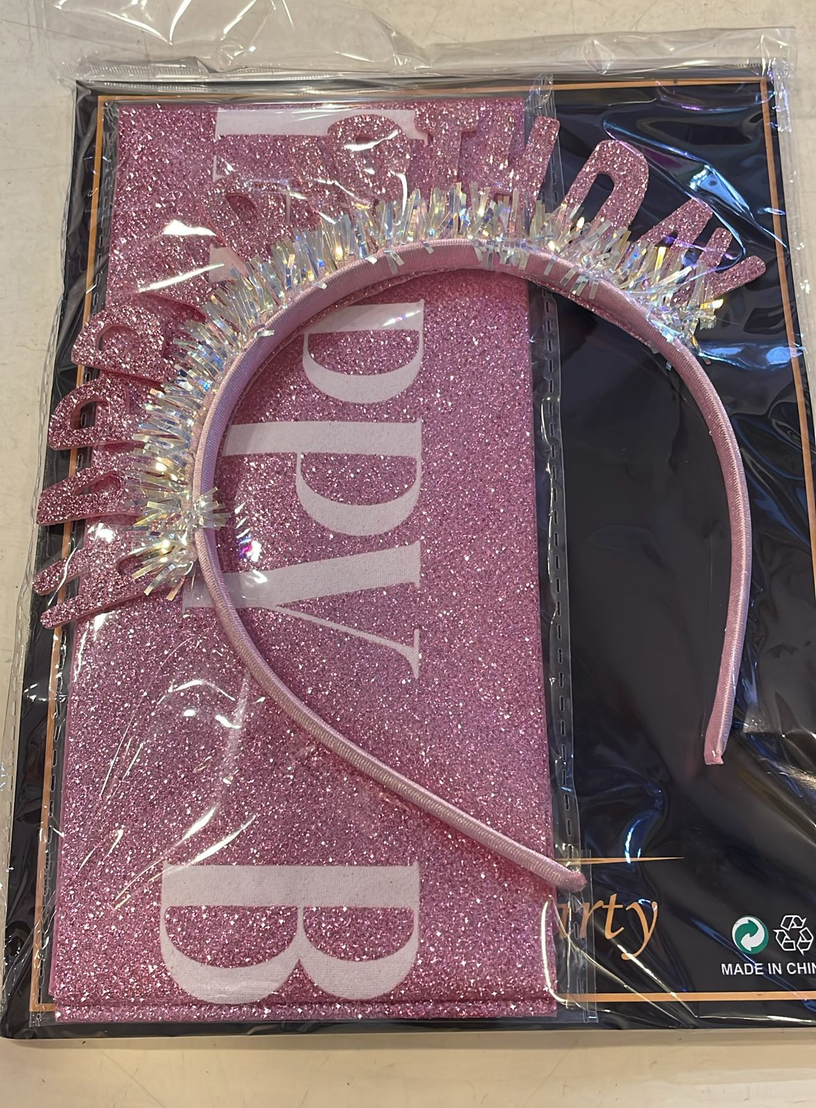 Pink Glitter Happy Birthday Headband & Sash Set