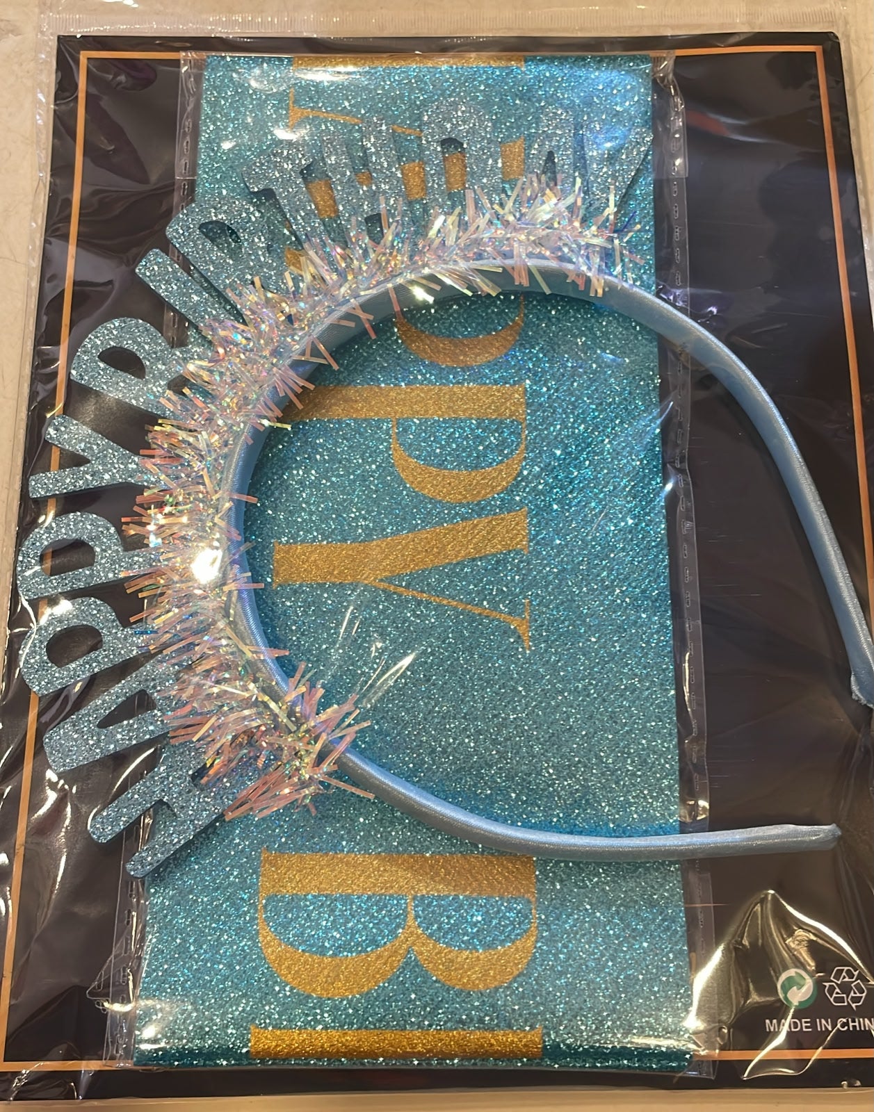 Blue and Gold Glitter Happy Birthday Headband & Sash Set