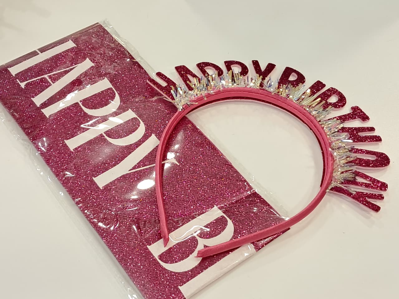 Pink Glitter Happy Birthday Headband & Sash Set
