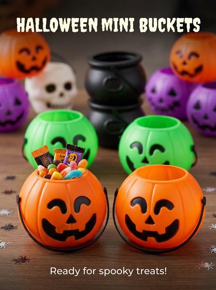 Halloween mini treat buckets with handles and Halloween face designs in orange, green, purple and white