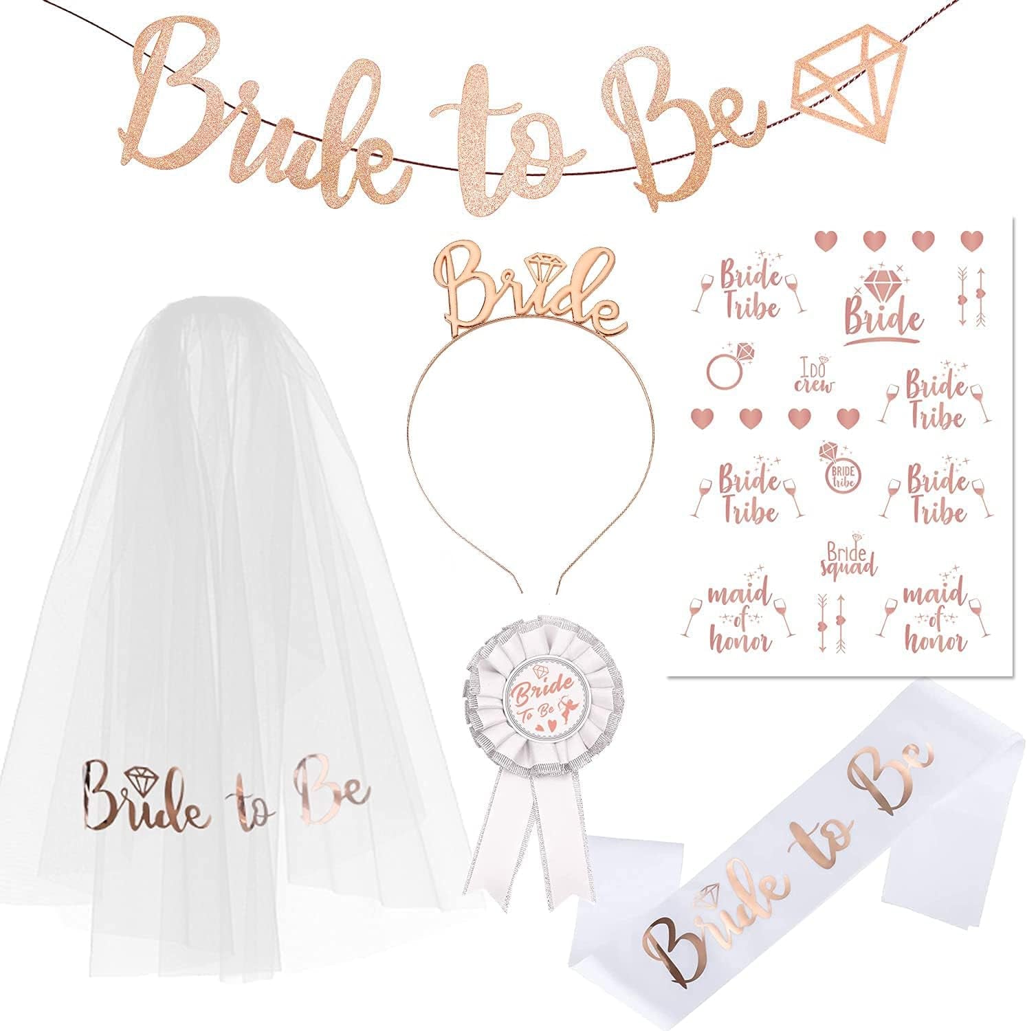 6pc Bridè to Be Decoration Package - Bridal Shower Wedding Veil Team Bride To Be Satin Sash Girl Hen Party Bachelorette Party Decoration Supplies - Preppy Kids (Grand Bazaar)
