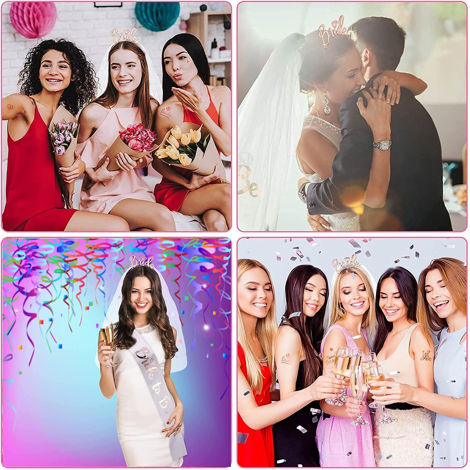 6pc Bridè to Be Decoration Package - Bridal Shower Wedding Veil Team Bride To Be Satin Sash Girl Hen Party Bachelorette Party Decoration Supplies - Preppy Kids (Grand Bazaar)