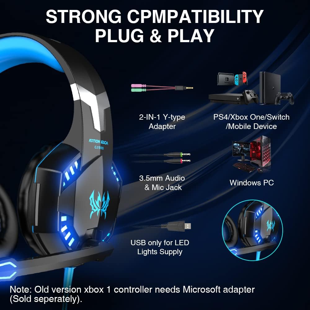 G2000 Pro Gaming Headset, Bass Surround Gaming Headphones with Noise Cancelling Mic, LED Lights, Soft Memory Earmuffs for PS5/ PS4/ Xbox One - Preppy Kids (Grand Bazaar)