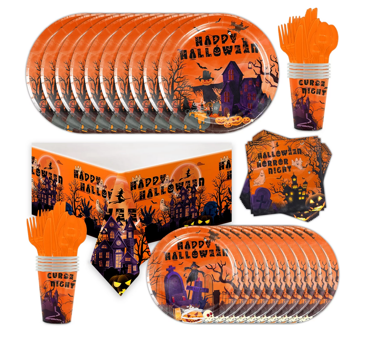 Halloween Party Decoration Tableware Package plates cups knives forks spoons tablecloth