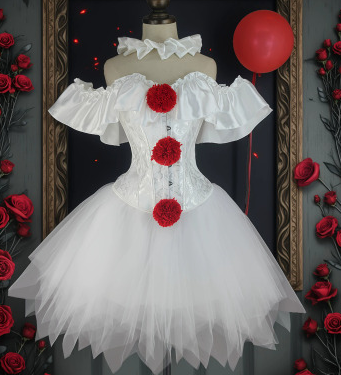 White horror-clown costume dress with ruffled neckline, three red pom-poms and a full pointed-edge tutu-style skirt, shown with a white ruffled neckpiece.