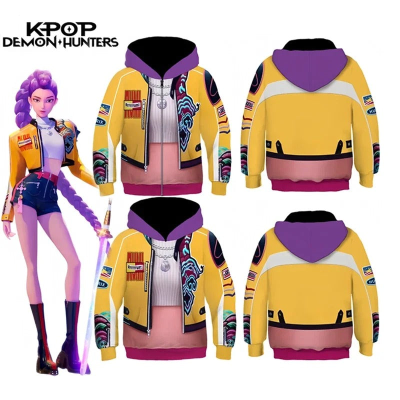Kpop Yellow Demon Hunters Huntrix Zipper 3D Hoodie