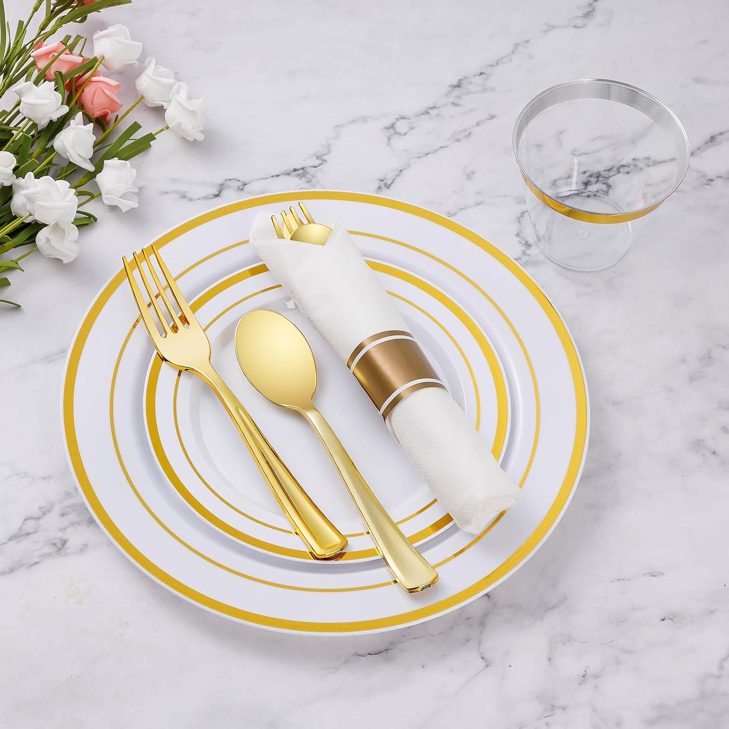 Gold Plastic Dinnerware Set for 25 Guests (175 pcs)