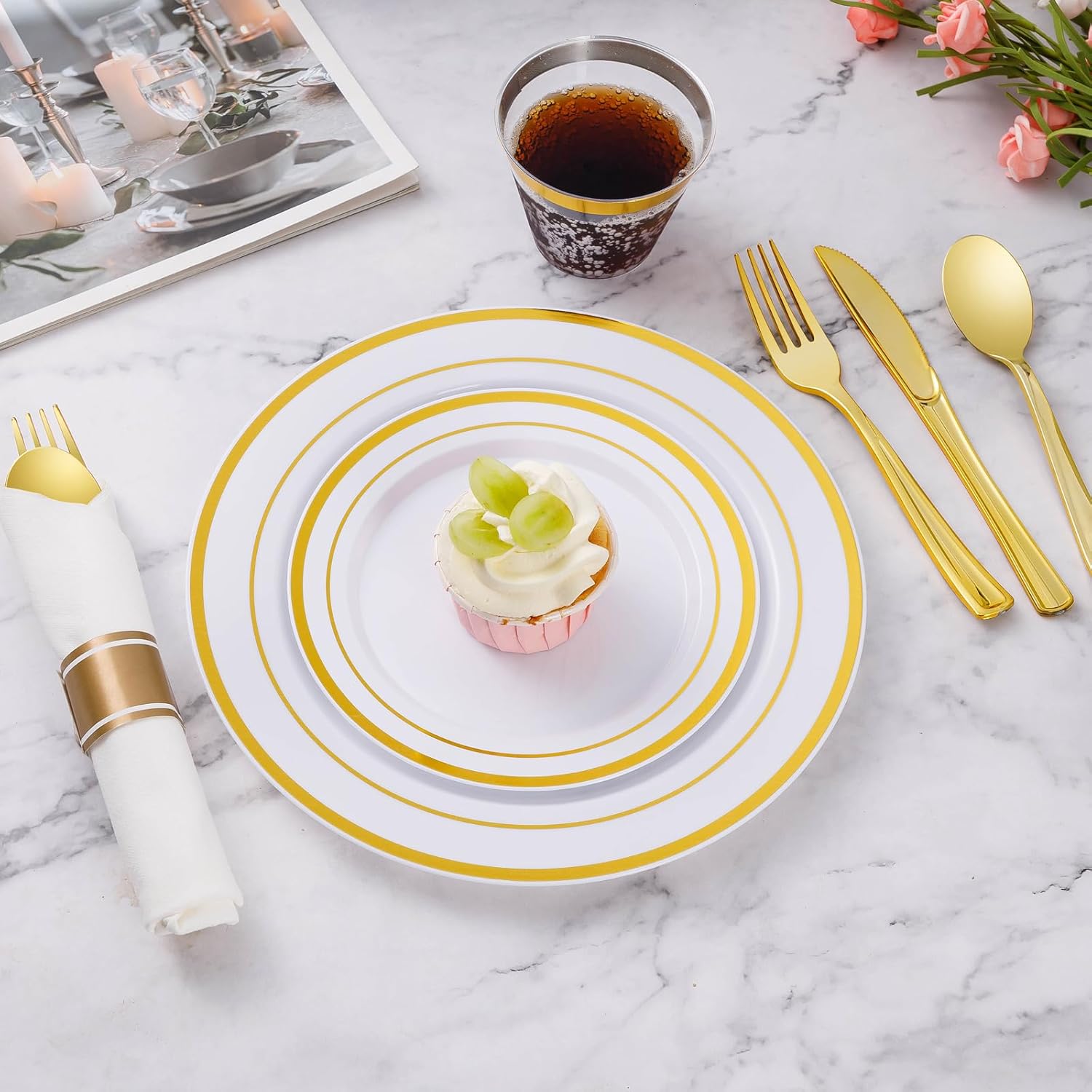 Gold Plastic Dinnerware Set for 25 Guests (175 pcs)