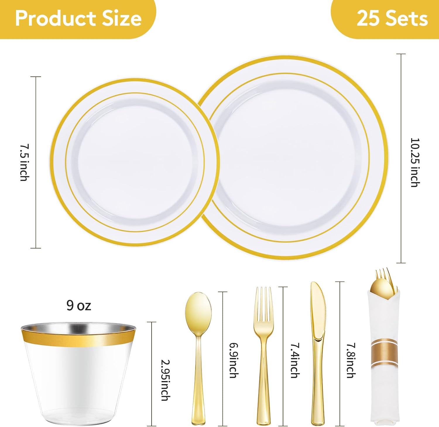 Gold Plastic Dinnerware Set for 25 Guests (175 pcs)