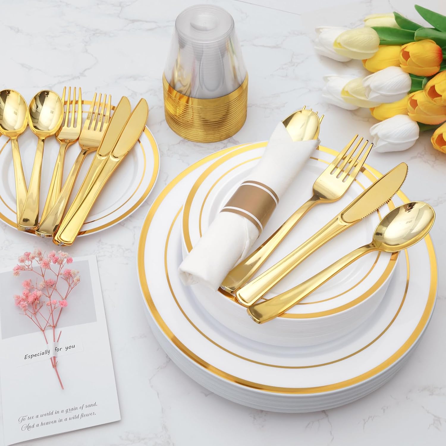 Gold Plastic Dinnerware Set for 25 Guests (175 pcs)