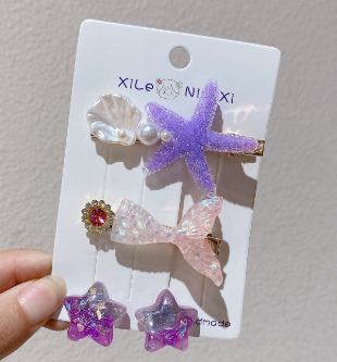 4pcs Purple Mermaid Tail & Starfish Hair Clips And Earrings Set