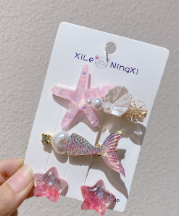 4pcs Purple Mermaid Tail & Starfish Hair Clips And Earrings Set - Preppy Kids (Grand Bazaar)